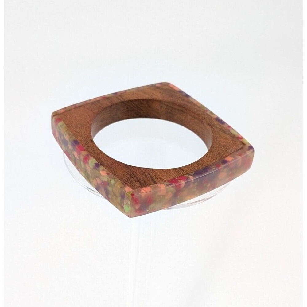 Vintage Bangle Bracelet Wood Lucite Brown Square Chunky Boho Chic Eclectic Artsy